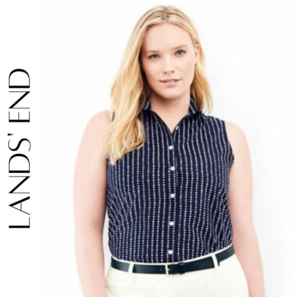 LANDS’ END Navy & Pink Polka Dot Supima Cotton Sleeveless Shirt, 2 / S - Picture 1 of 10
